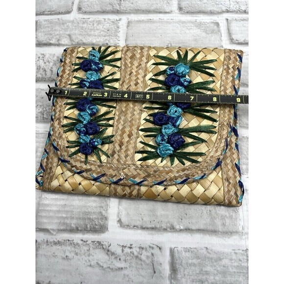 Vintage Straw Embroidered Floral Clutch Handbag Lined Snap Closure - Picture 6 of 12